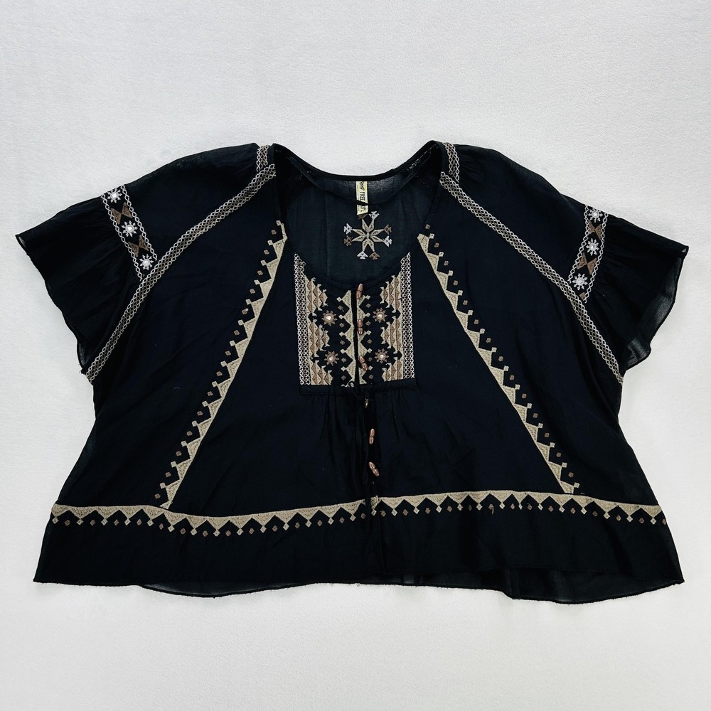 Free People Blouse Womens XS Black Embroidered Boho Peasant Top Sheer Flowy